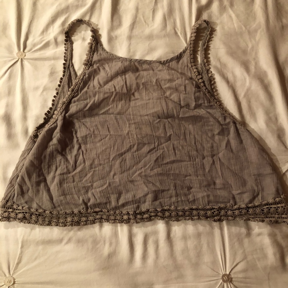 Taupe colored crop tip with festival lace trim